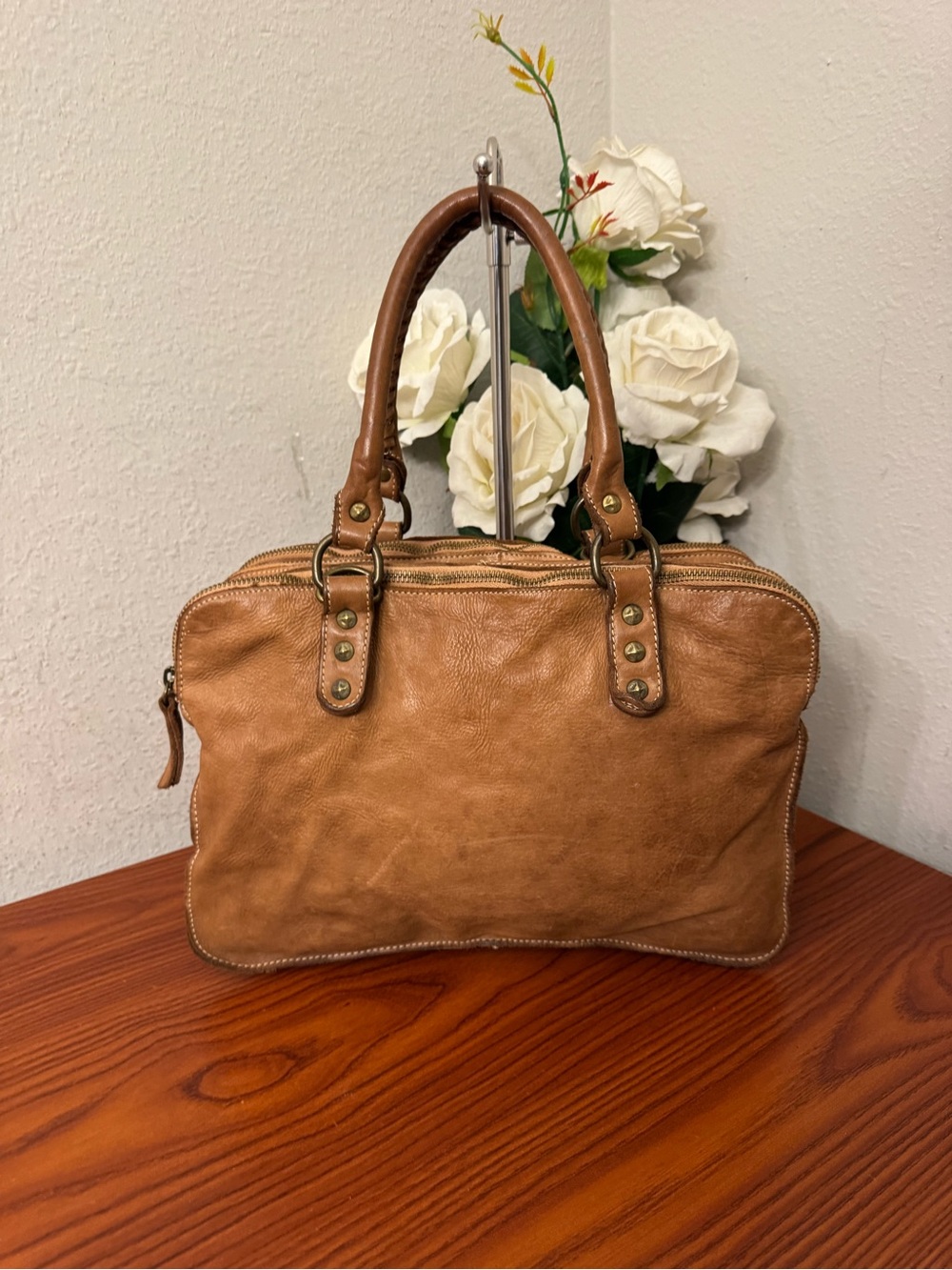 Women's Tan Leather Satchel Handbag